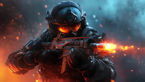 Armored sci fi soldier fires rifle amid burning blue fog