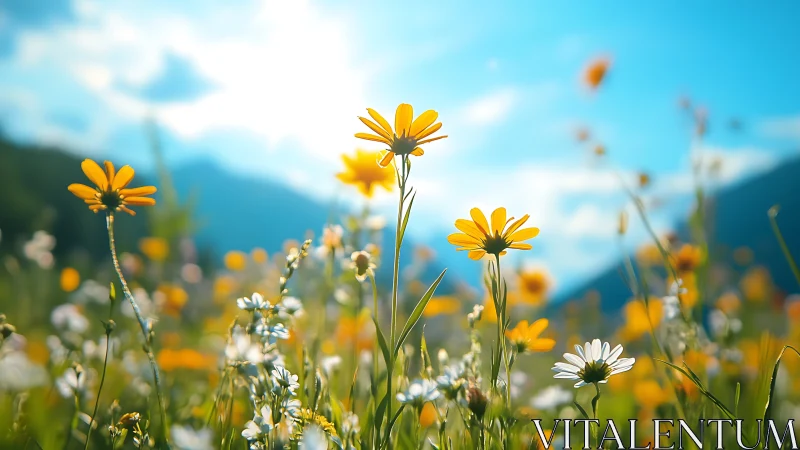Alpine Meadow With Golden Daisies Against Mountain Backdrop.
