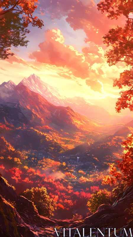 Ember-touched valley beneath blazing autumn sunset sky.