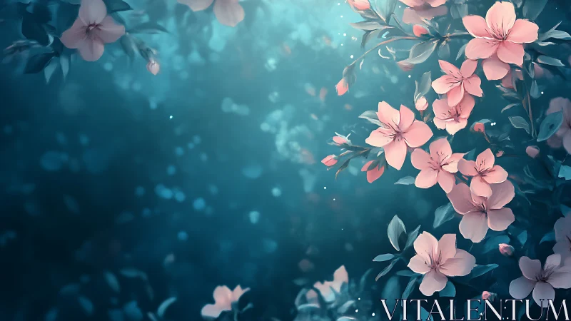 Pink flowers with teal bokeh background rendering.