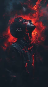 Man engulfed in red fire glow against dark smoky void.