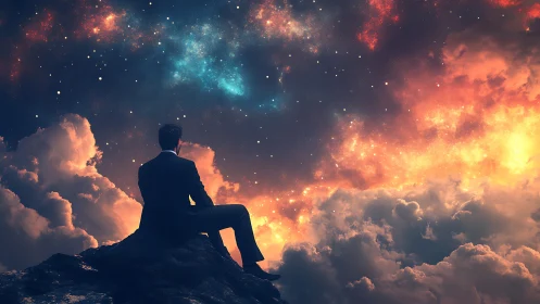 Man in formal suit observes luminous nebula from cliff edge
