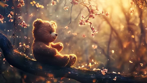 Teddy bear sits on tree branch under glowing spring blossoms.