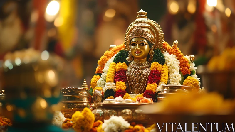 Gilded Hindu deity idol amid marigold garlands and brassware.