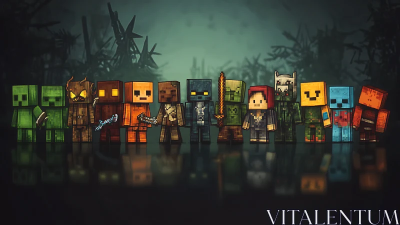 Row of pixelated block characters in dark forest scene.