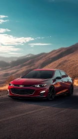 Red Chevrolet sedan rendered on mountain highway at dusk