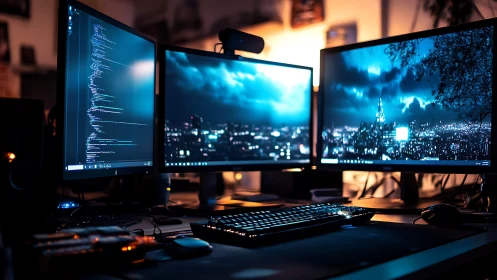 Triple-monitor coding workstation with cinematic cityscapes.