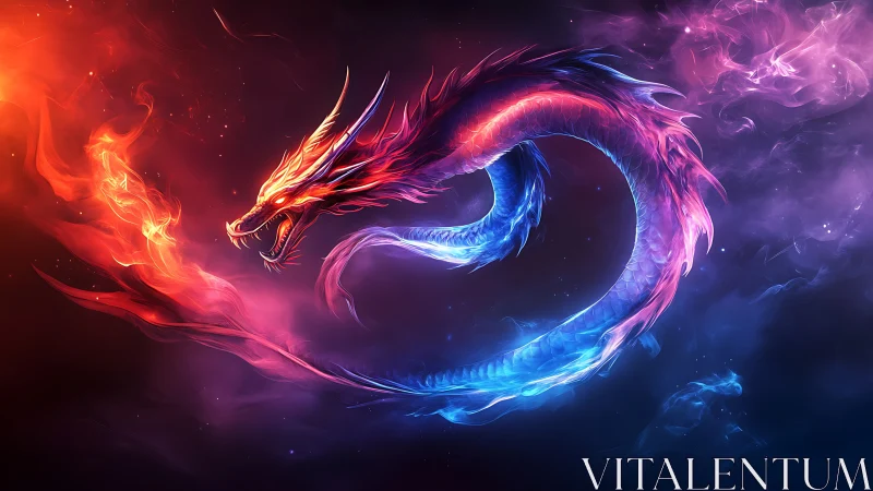 Celestial fire and frost dragon coiled in cosmic surge.