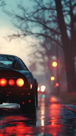 Retro sports car in neon rain along misty city street.