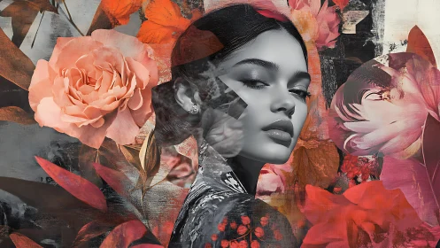 Monochrome muse emerges amid vivid blooming florals in contrast