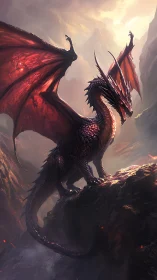 Red scaled dragon stands on rocky cliff in blazing light.