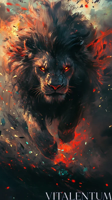 Inferno-maned lion erupts from swirling cosmic embers.