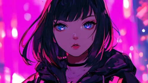 Neon city girl gazes ahead in vivid cyberpunk glow.