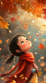 Wonderstruck girl beneath swirling autumn leaves.