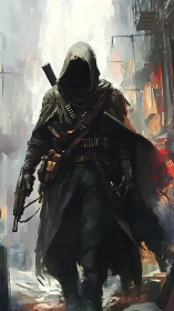 Armored hooded gunfighter advances through abstract urban ruin