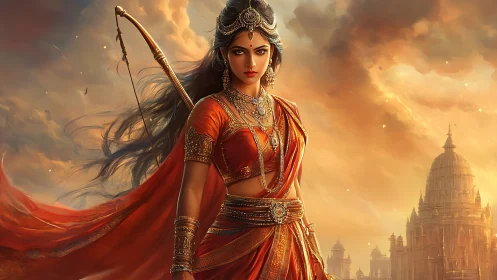 Warrior queen in saffron armor amid luminous temple storm.