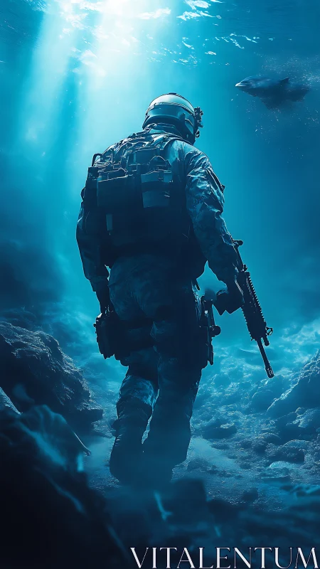 Lone tactical diver ascending through cyan seafloor light beams.