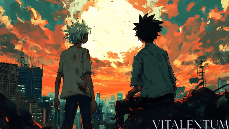 Sunset city skyline welcomes two quiet friends home