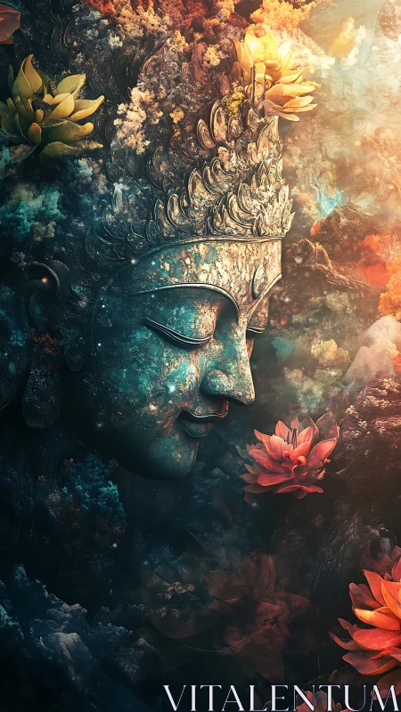 Mythic stone Buddha profile in floral nebula, warm bokeh light