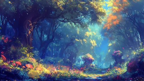 Enchanted Forest Glade with Luminous Canopy and Glowing Flora