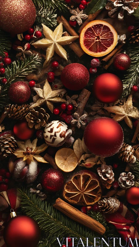 Festive Christmas still life with ornaments and dried citrus.