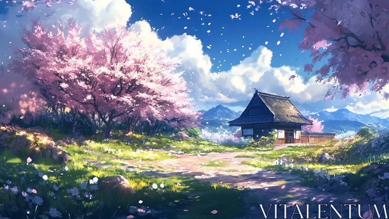 Spring daydream under cherry blossoms by a quiet cottage.