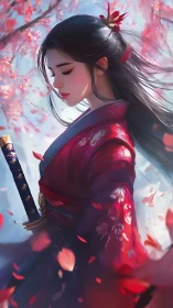 Sword bearing woman in red kimono under pink blossoms.