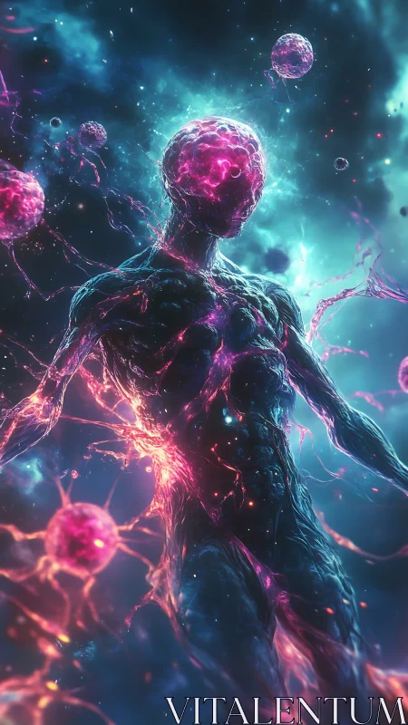 Nebula-born neural titan walks through glowing cosmic synapse.