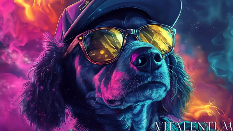 Chromatic canine portrait with neon spectral reflections detail.