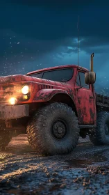 Weathered red truck glowing warmly in the muddy twilight.