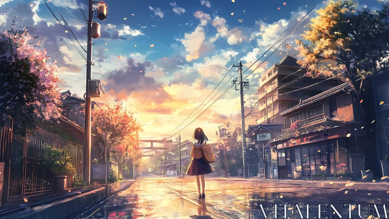 Girl stands on wet street under vivid sunset sky