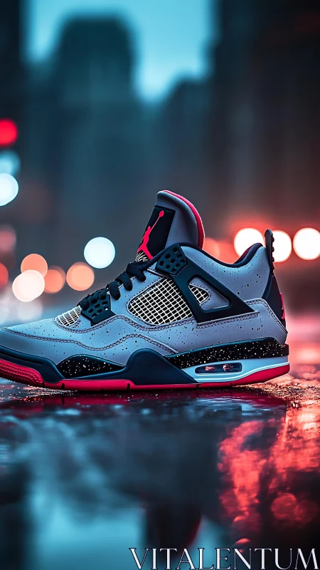 Neon-lit sneaker rests on wet street with vivid city bokeh