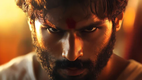 Intense bearded man in warm cinematic close-up portrait.