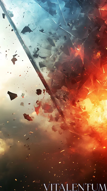 Digital painting of shattering elemental divide in motion.