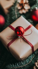 Brown paper gift box with red ornament ribbon detail.