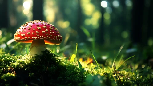 Lone red mushroom glows in dreamy sunlit forest clearing