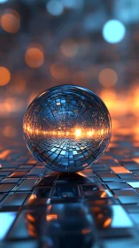 Glowing data-sphere hovering over molten chrome mosaic floor.