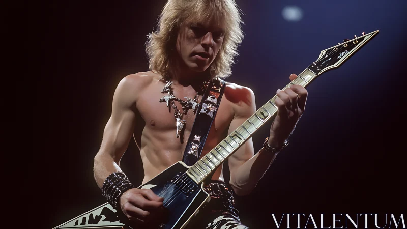 Shirtless rock guitarist under spotlight with angular V guitar.