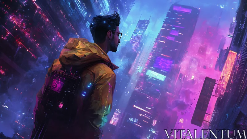 Cyberpunk urban explorer studies neon-soaked skyline silhouette.
