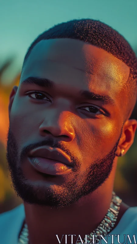 Close portrait in warm sunset light with sharp detail.