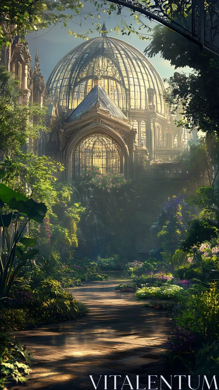 Sunlit glass cathedral cradled by overgrown secret garden.