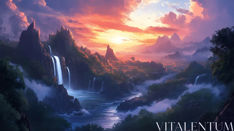 Radiant fantasy valley with cascading waterfalls at sunset