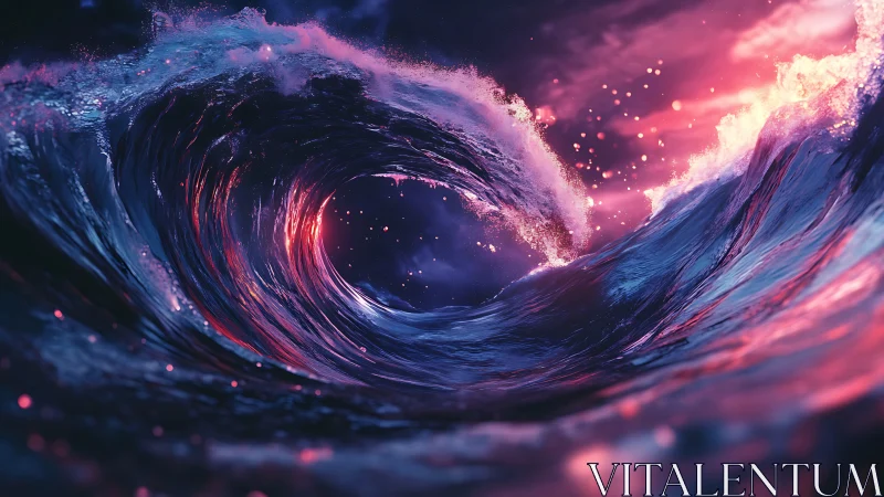 Cylindrical ocean wave with pink and blue spectral light.