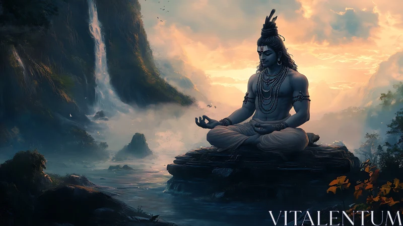 Himalayan ascetic meditating by cascading waterfalls at dawn.