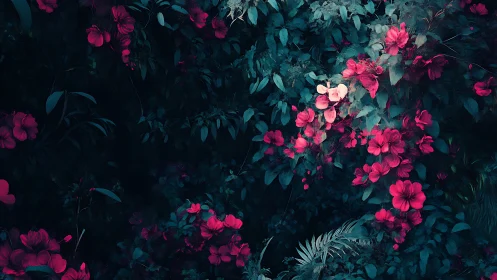 Bright magenta flowers cluster against deep teal foliage