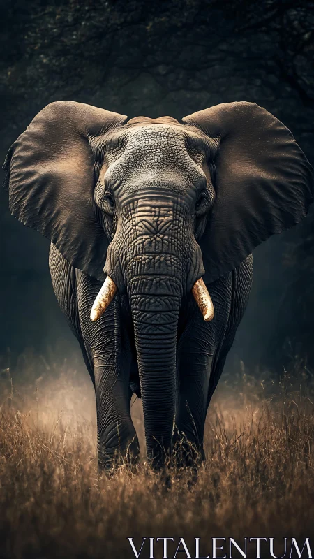 Majestic bull elephant strides through misty savanna grass.