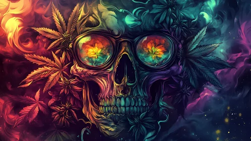 Psychedelic skull portrait with glowing cannabis reflections.