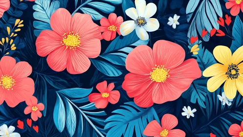 Vibrant Floral Pattern with Coral and Navy Botanical Elements