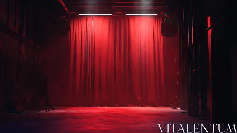 Crimson stage curtain humming with hush before the reveal.