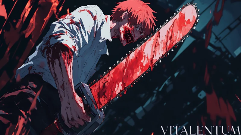 Blood-covered character holds large chainsaw in dark space